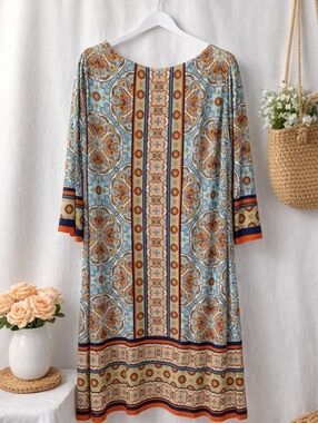 London Times Light Blue Paisley-Print Midi Dress with Orange & Navy Trim Size 8